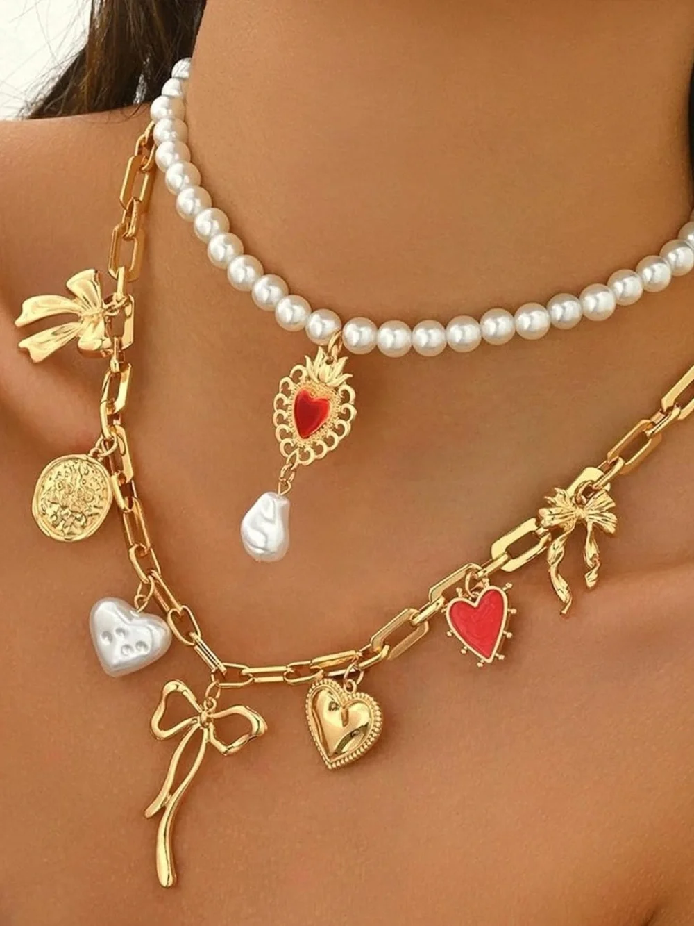 Anthropologie Gold-Tone Layered Necklace with Red Hearts and White Pearls